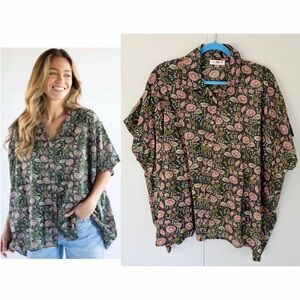 NATURAL LIFE Kelly Oversized Cotton Button Down Shirt in Green Pink Floral